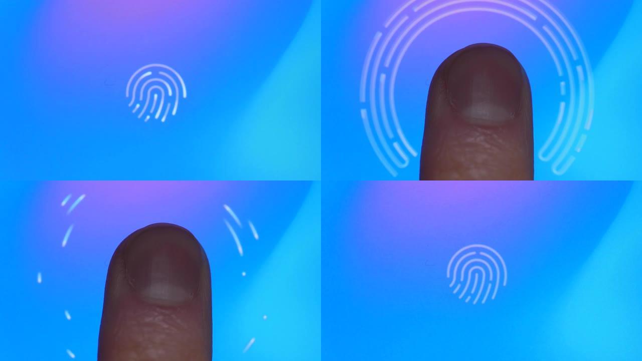 技术指纹密码。在智能手机上扫描指纹以达到安全目的。网络安全个人设备。男子使用手机和应用程序扫描指纹。