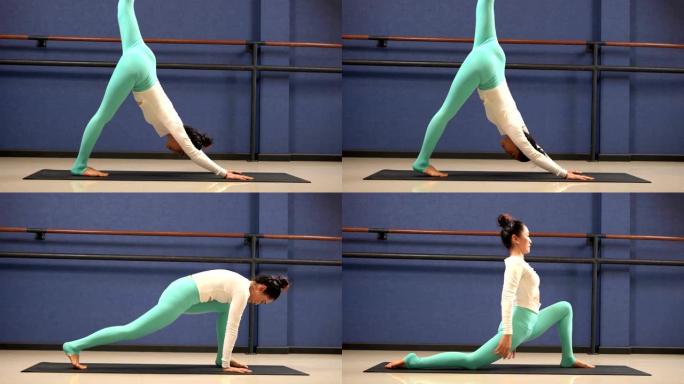 亚洲年轻合身的运动服女人在健身房锻炼。女孩通过铺板瑜伽姿势锻炼身体。