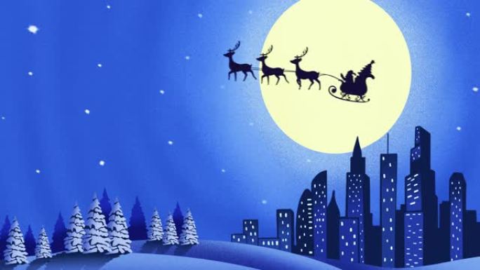 雪橇上的圣诞老人的剪影被驯鹿拉向月亮和冬天的风景