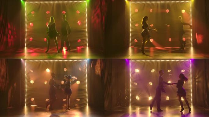 年轻夫妇一起跳舞，在工作室里用紫色动态聚光灯练习伦巴，玩得很开心。慢动作