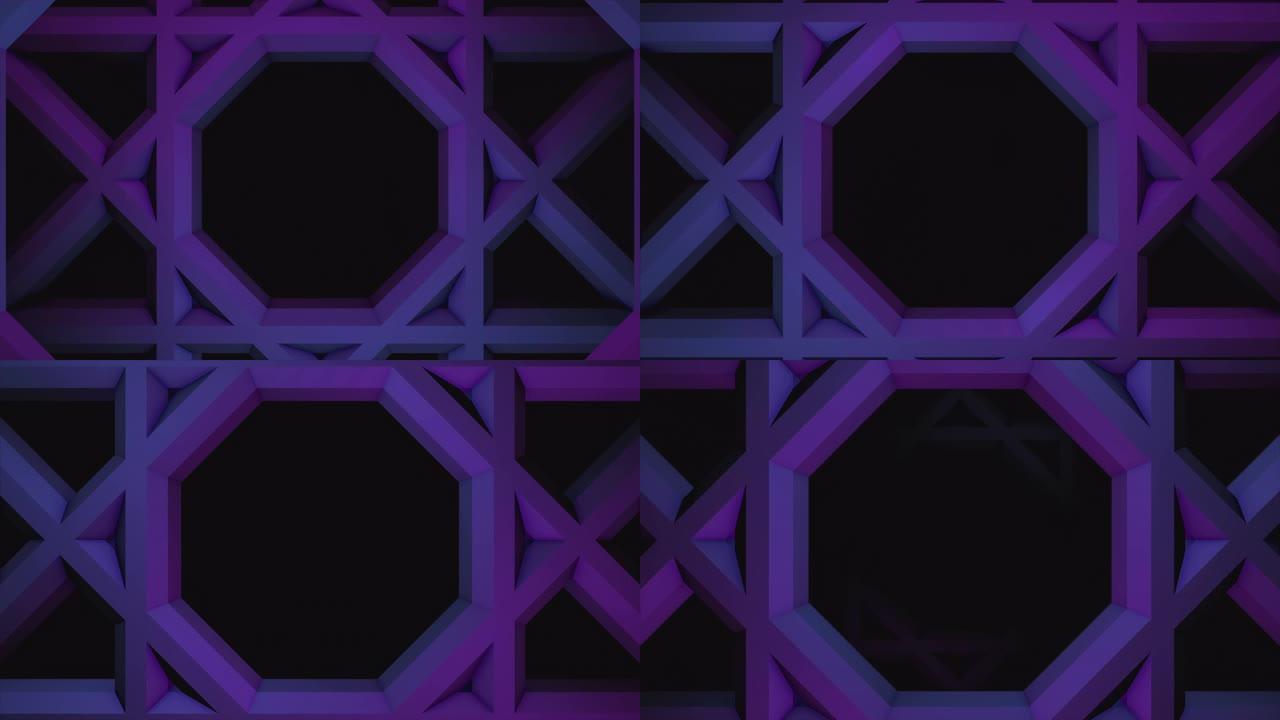 五颜六色的移动广场动画，内部有六边形，无缝循环。动画。在黑色背景上向相机移动的几何图形