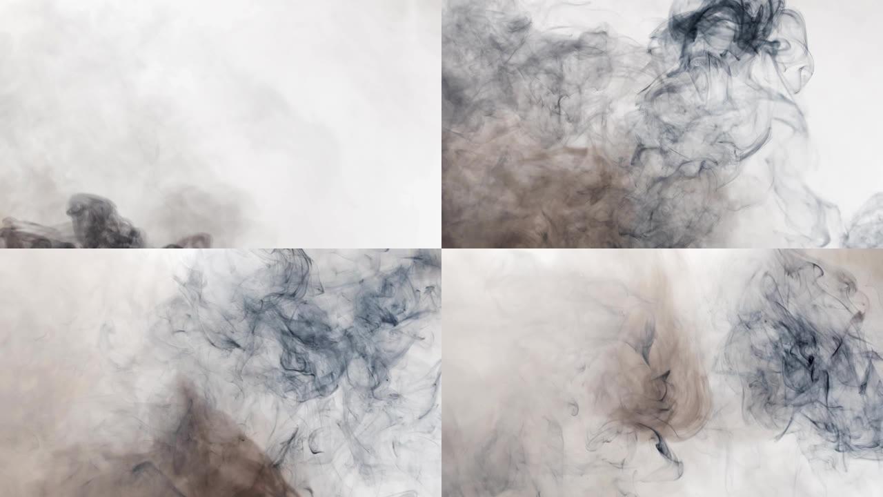 黑色背景上的雾凹痕烟雾漂浮在空气中，模糊且线条清晰