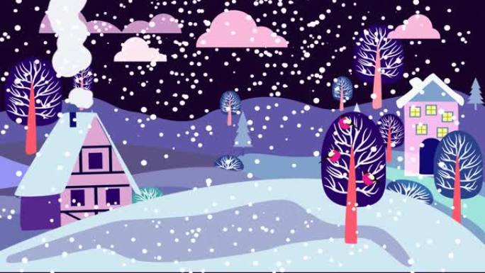 冬季乡村夜景和降雪动画。