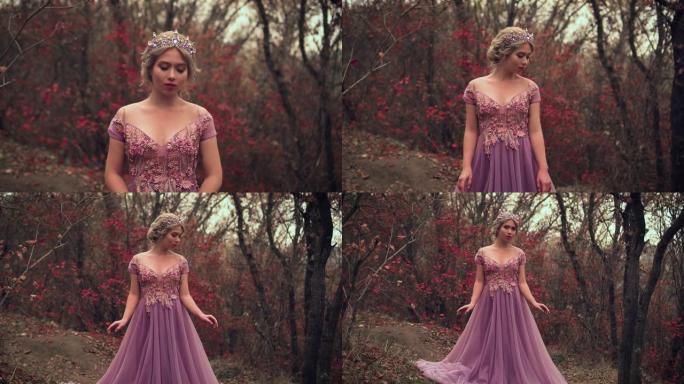 幻想金发可爱的公主的肖像。女人穿着皇家奢华的紫色长裙，露肩。迷人的设计时装模特。银冠。精灵女王在神话