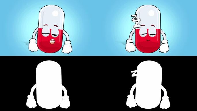 卡通药丸胶囊面部动画睡眠与阿尔法哑光