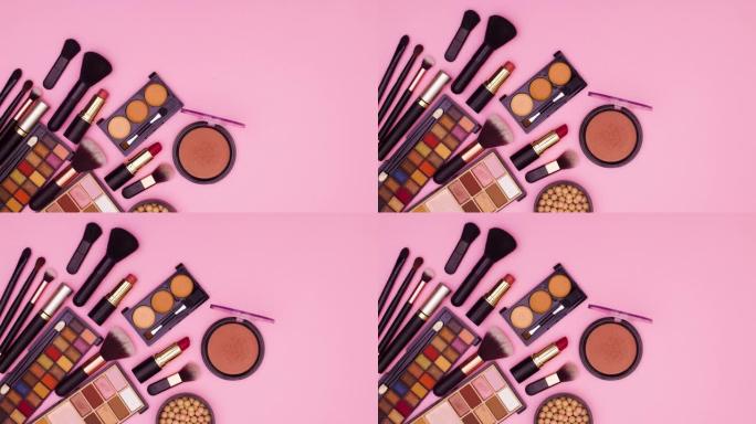 化妆产品出现在粉红色主题的左上角。停止运动