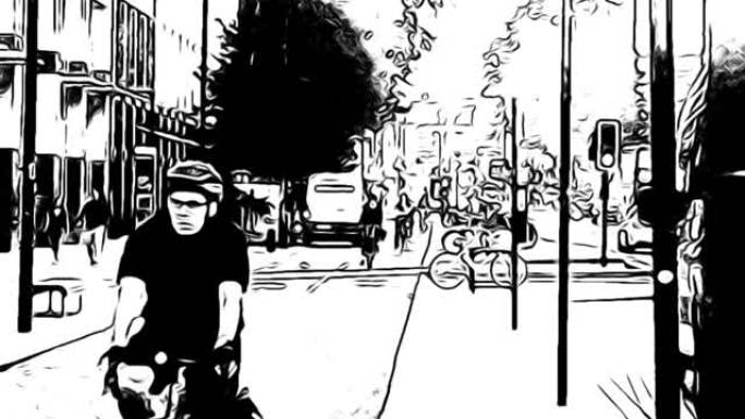 自行车推自行车骑行追踪伦敦城市漫画书风格动画素材黑白视频