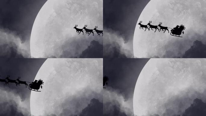 雪橇上的圣诞老人的剪影被驯鹿拉向月亮