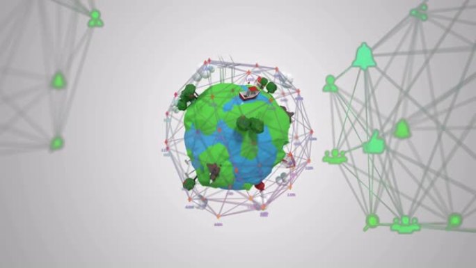 网络连接图标反对地球与成长的树木和飞机飞行