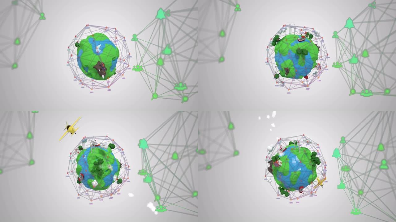 网络连接图标反对地球与成长的树木和飞机飞行