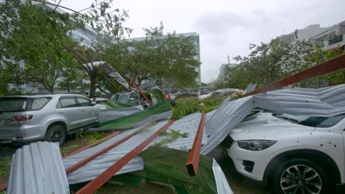 飓风过后，在砍伐树木的汽车上的屋顶被打破