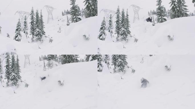 有趣的撞车人试图在滑雪板上做后空翻，脸掉进雪里，笑着