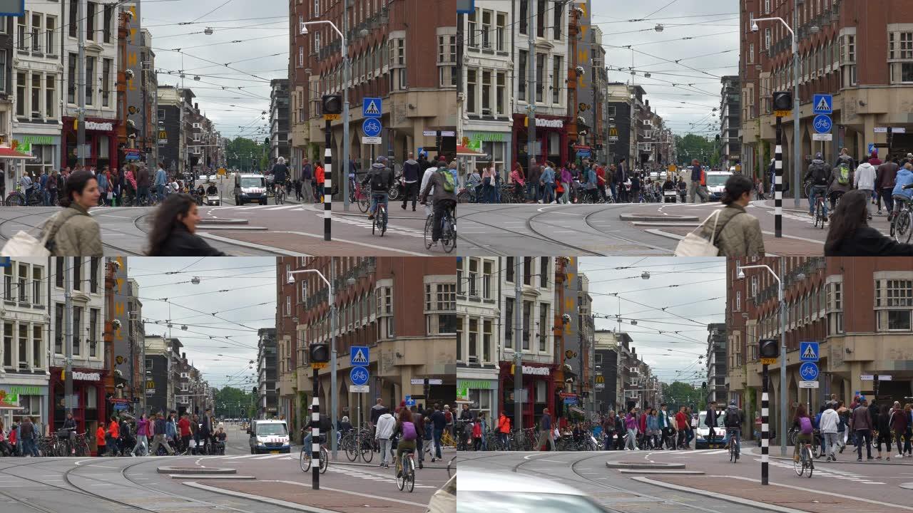 阿姆斯特丹市中心日间交通街慢动作全景4k荷兰