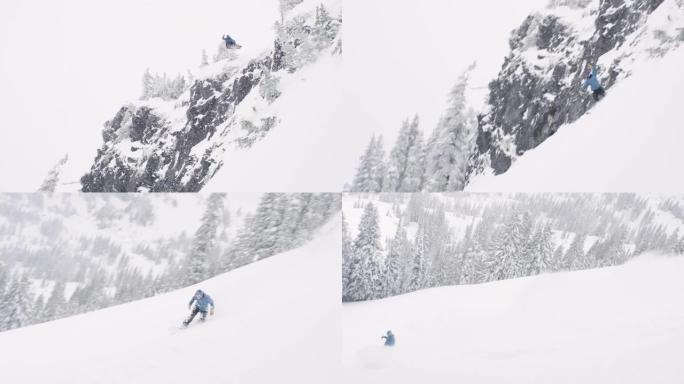 滑雪者降落危险的大空中特技，骑着大石头穿过冬季粉末雪，进行令人敬畏的肾上腺素激增 -- 滑雪板的极限