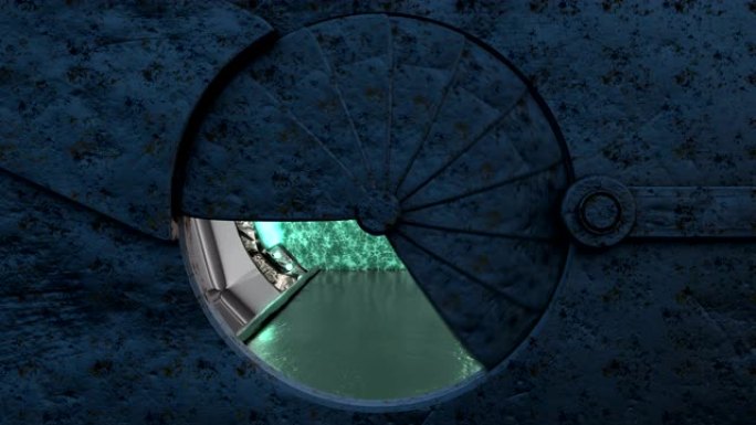 铁锈舱口打开飞船景观的全景。带门户的科幻走廊的3d抽象背景。未来技术摘要VJ为技术标题和背景。