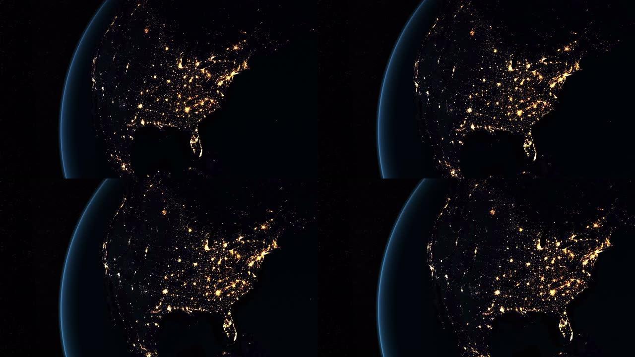 北美夜间在地球上的行星从太空旋转