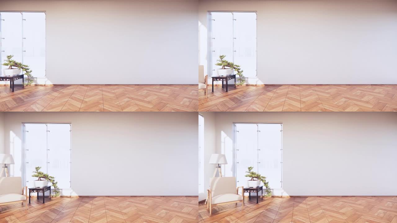 在进入房间时，以热带房间的简约风格擦拭沙发。3D渲染