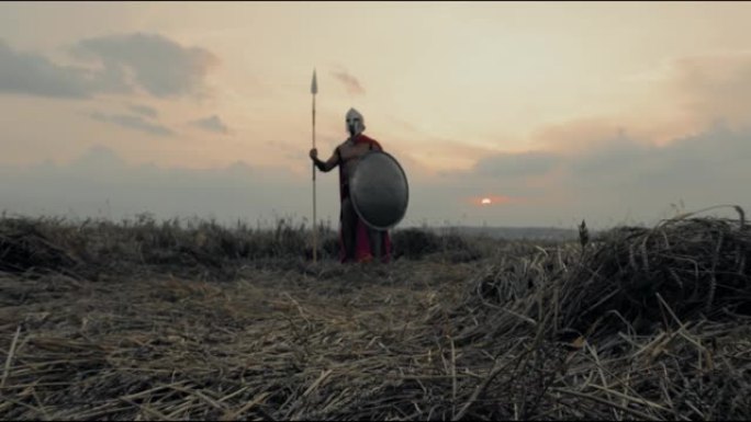斯巴达人在干燥的田野里用长矛摆姿势。
