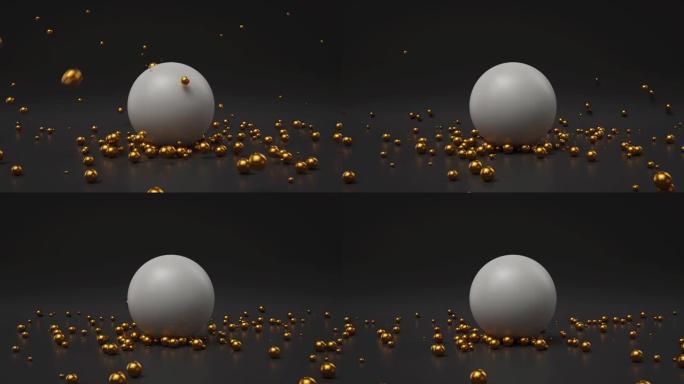 3d渲染，沉重的白色球体掉落，小金球跳跃，弹跳，黑色背景。简单的几何形状。重力概念