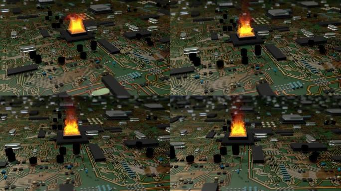 计算机处理器CPU因过载而着火的特写