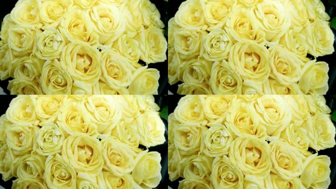 花店中大束鲜亮的黄色玫瑰的特写镜头。4K