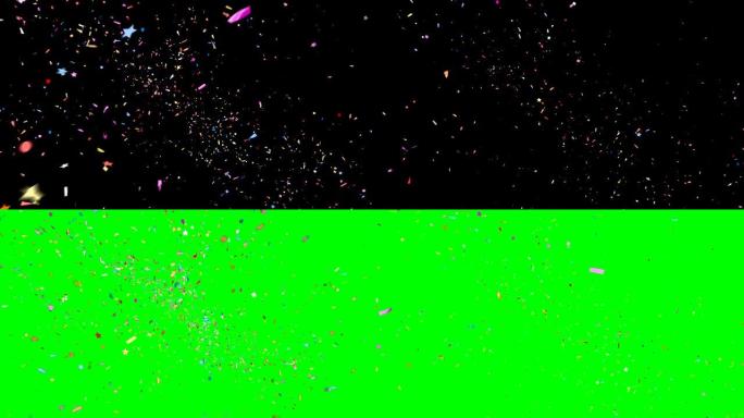 黑色和绿色背景上的彩色节日五彩纸屑爆炸。