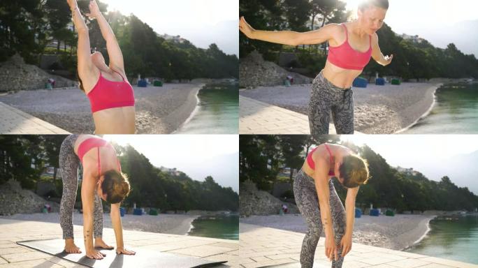 和蔼可亲的成年女性在海边做瑜伽