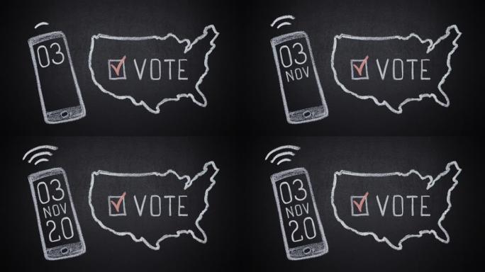 美国地图手绘在黑板上，选举日期出现在智能手机上