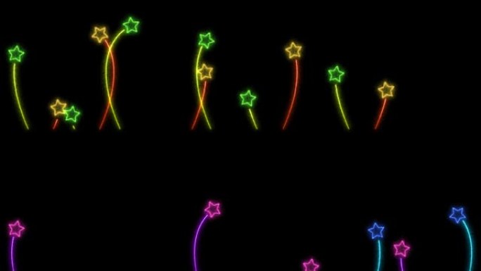 四色花朵星星霓虹灯标志元素在黑屏上飞舞所有框架