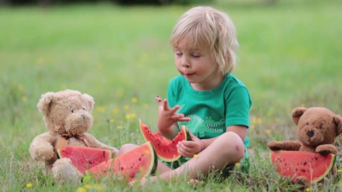 可爱的蹒跚学步的小孩，金发男孩，和一些泰迪熊朋友在公园里吃西瓜