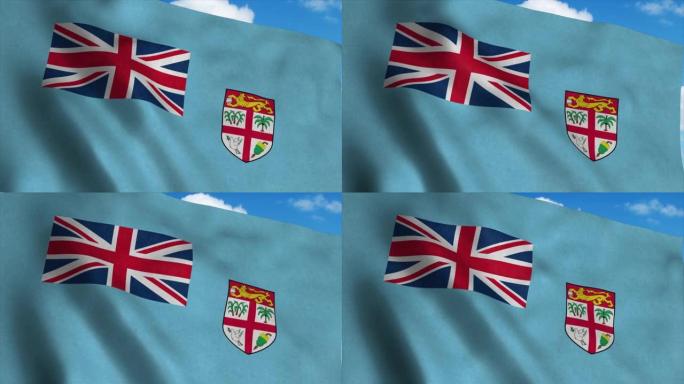 斐济国旗在风中飘扬，蓝天为背景。4 k