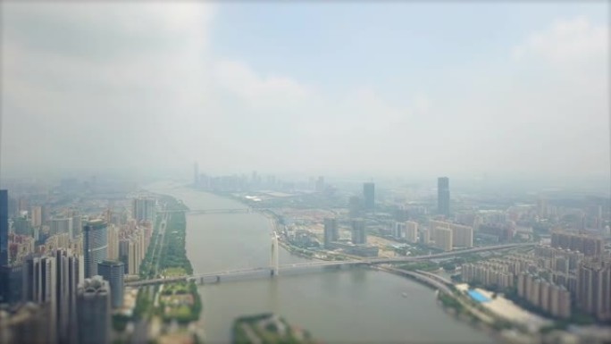 白天广州城市景观著名的广州塔珠江空中全景倾斜移动4k中国