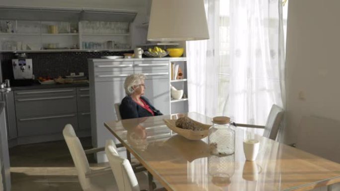 坐在厨房里看着窗外的老妇人的肖像