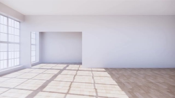 大房间，敞开的干净白色墙壁和木纹地板，阳光照进房间。3d渲染