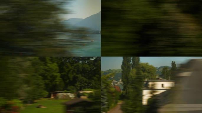阳光明媚的日子苏黎世卢塞恩火车公路旅行乘客视点侧全景4k瑞士
