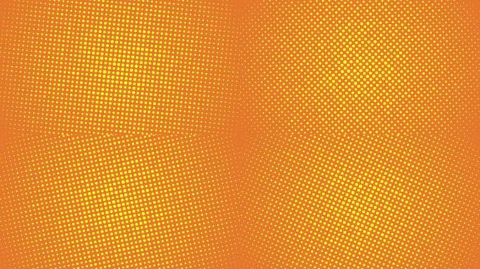 黄色半色调点在橙色背景上旋转。最小无缝复古流行艺术动画