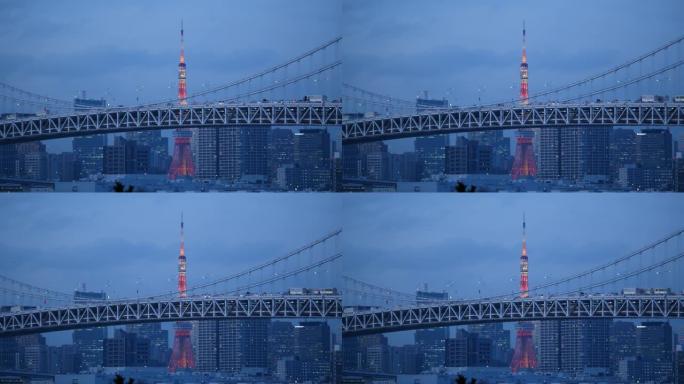 日本东京。2019年12月26日: 东京台场和东京塔的夜景