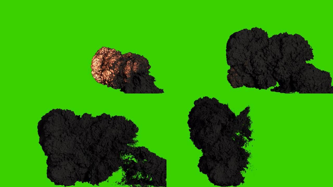 燃料的爆炸伴随着浓浓的黑色滚滚浓烟。浓烟的爆炸，炸弹爆炸，真正的烟雾。绿屏前的VFX动画。