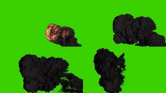 燃料的爆炸伴随着浓浓的黑色滚滚浓烟。浓烟的爆炸，炸弹爆炸，真正的烟雾。绿屏前的VFX动画。