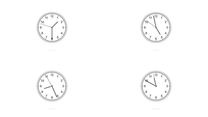 黑色时钟倒计时12小时一天的动画在白色背景上快速，扁平风格