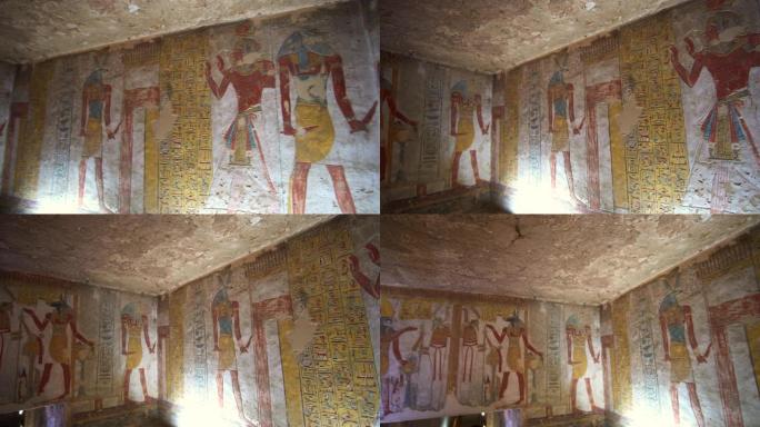 国王之谷的绘画和象形文字在Tausert和Setnakht黄色和蓝色色调的墓中