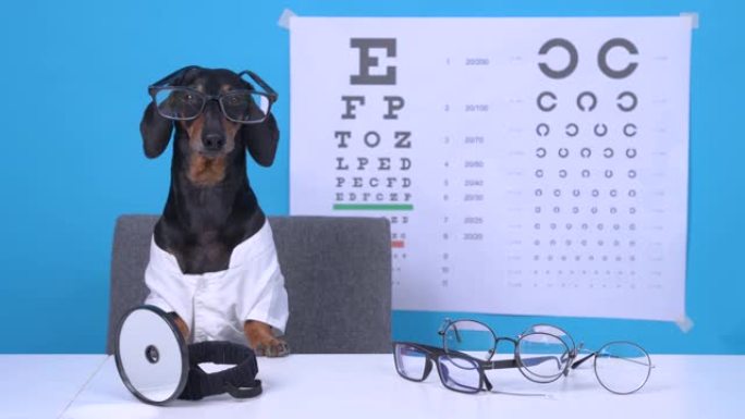 有趣的腊肠狗眼科医生在医生的服装，眼镜矫正视力，专业设备在桌面上，海报与字母为背景视力表测试。