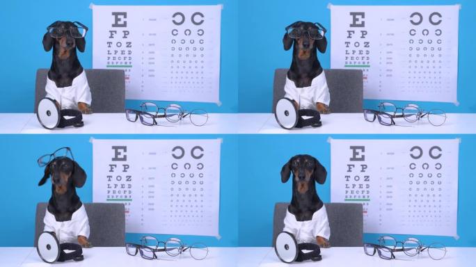 有趣的腊肠狗眼科医生在医生的服装，眼镜矫正视力，专业设备在桌面上，海报与字母为背景视力表测试。