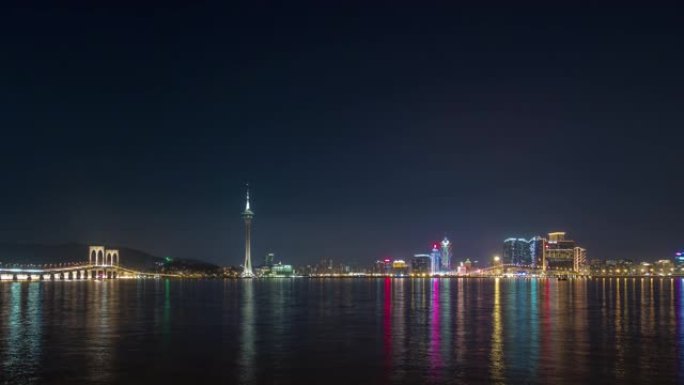 夜间照明著名的澳门城市湾全景4k延时中国