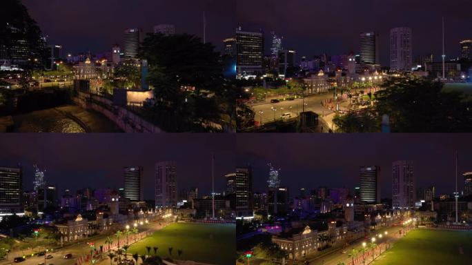 夜间吉隆坡城市著名宫殿河滨湾交通街空中全景4k马来西亚