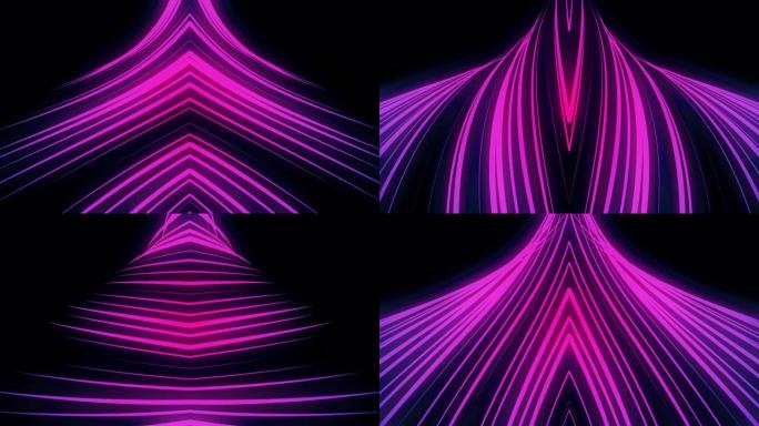黑色背景上许多霓虹灯的抽象惊人运动，无缝循环。动画。用3D效果旋转的粉色交叉线