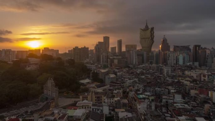 傍晚风暴天空澳门城市景观屋顶全景4k延时中国