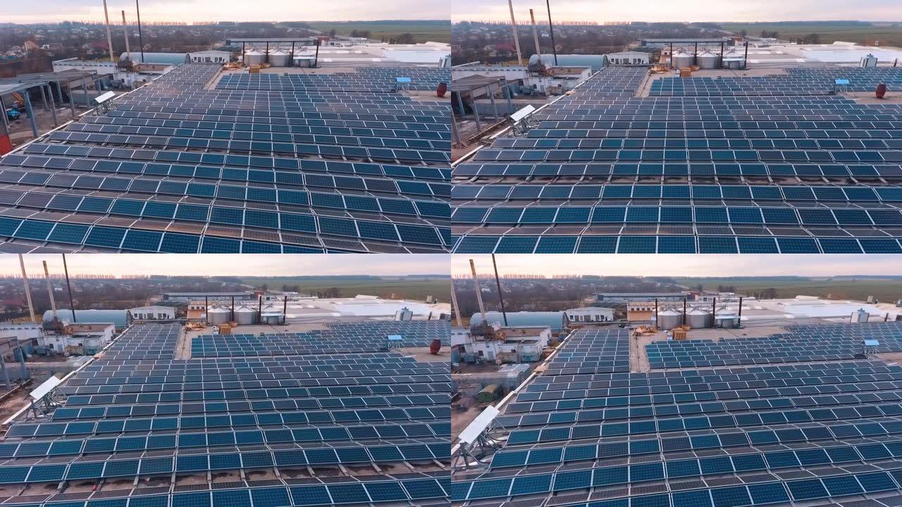 安装在屋顶上的光伏太阳能电池板。太阳能电池板吸收阳光作为能源来发电，创造可持续的能源。