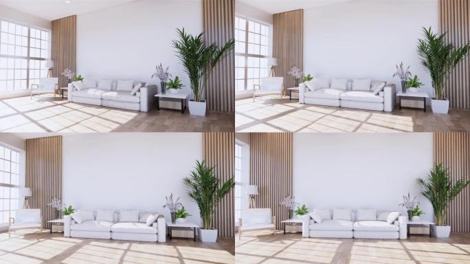 带简约风格白色热带风格沙发的客厅，木纹地板。