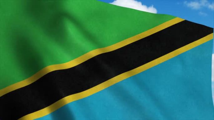 坦桑尼亚国旗在风中飘扬，蓝天为背景。4 k
